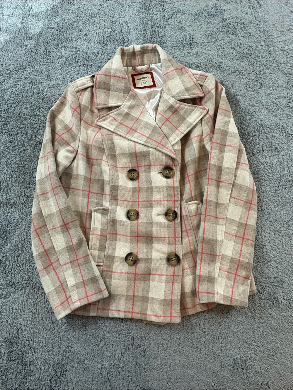 Old Navy Beige Plaid Double-Breasted Peacoat with Red Windowpane